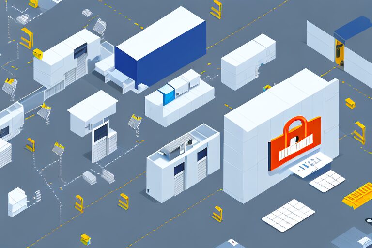 A secure warehouse with various security measures like surveillance cameras