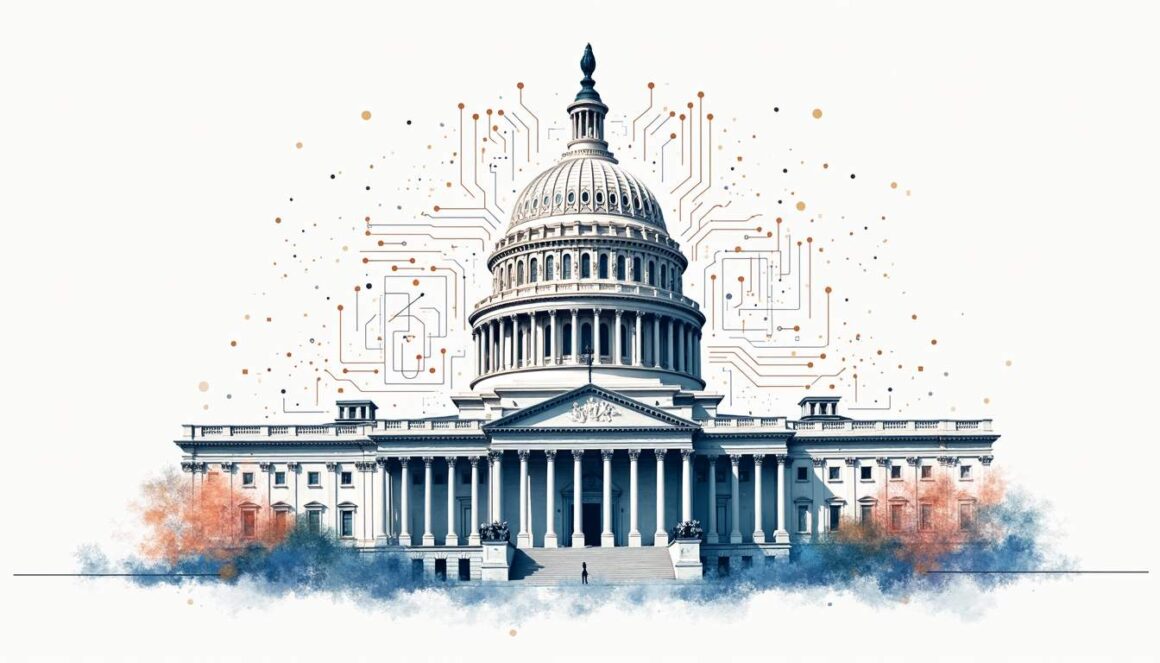 An abstract representation of a government building intertwined with digital elements