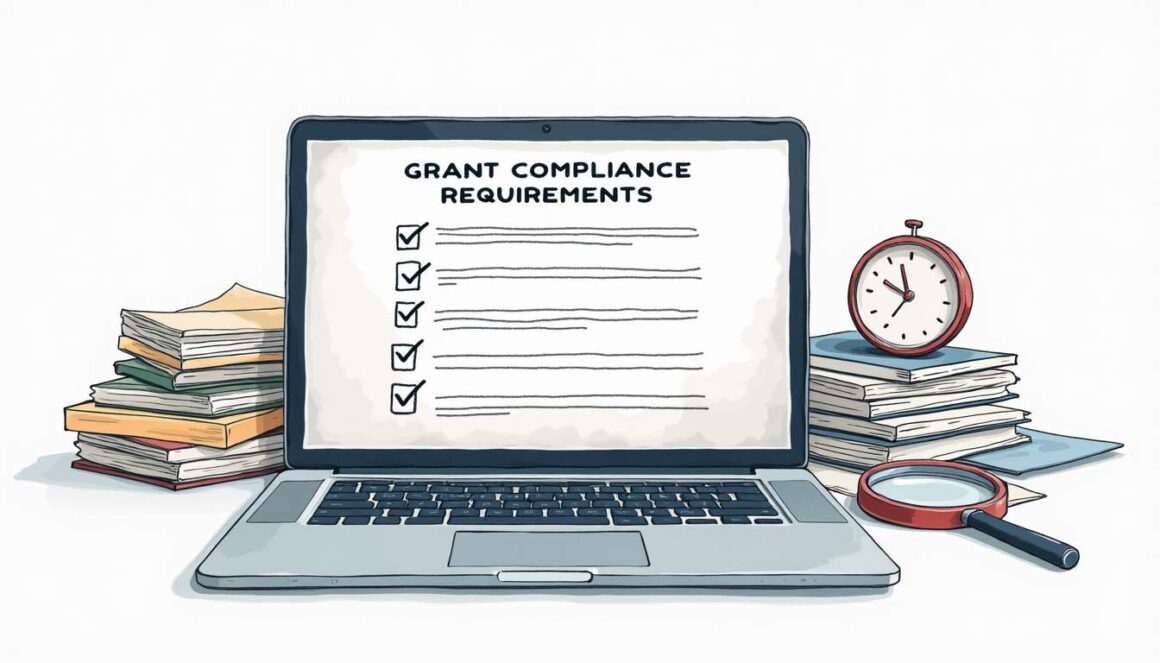 An open laptop displaying a checklist of grant compliance requirements