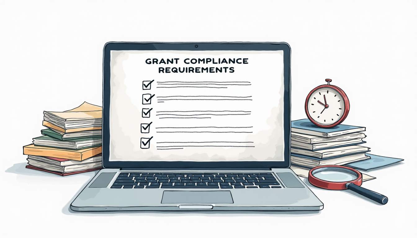 An open laptop displaying a checklist of grant compliance requirements