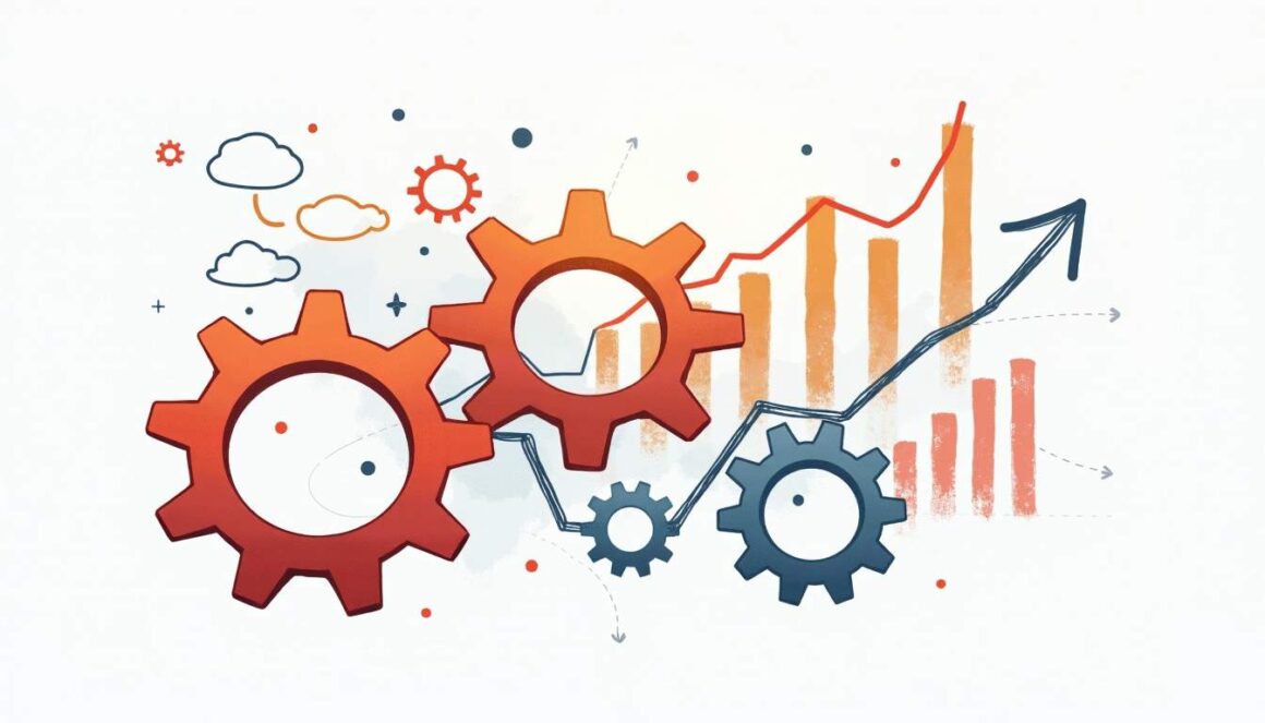 An abstract representation of interconnected gears and charts