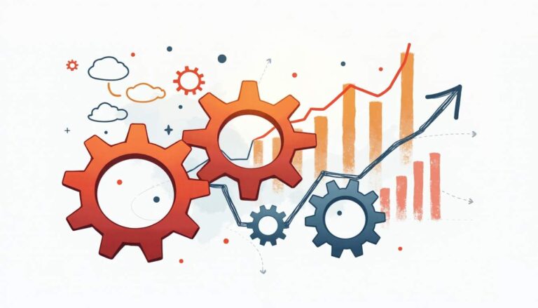 An abstract representation of interconnected gears and charts