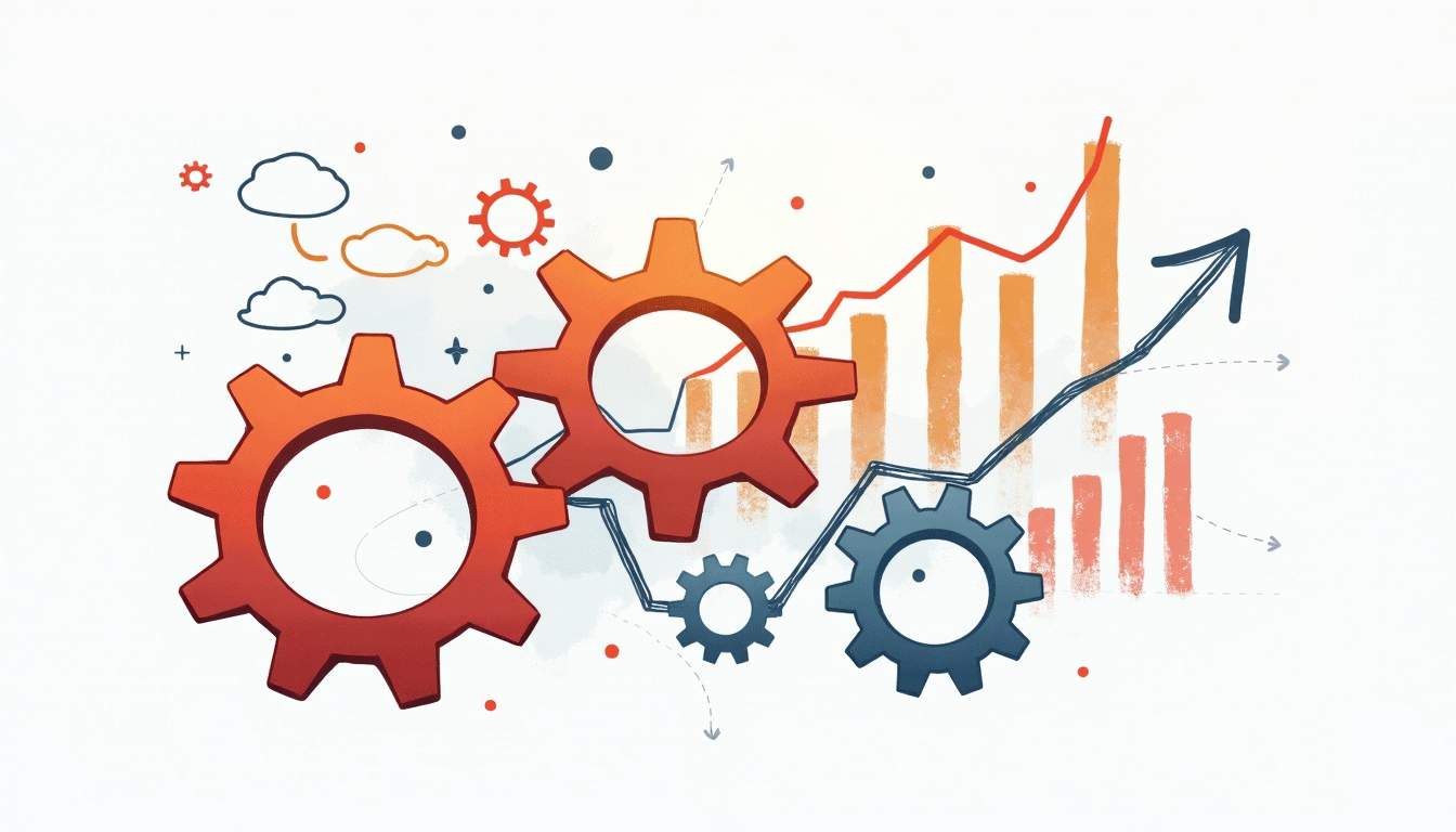An abstract representation of interconnected gears and charts